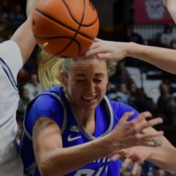 Creighton Bluejay forward Emma Ronsiek loses the ball in traffic during Sunday's Big East Semifinal loss to Villanova at Mohegan Sun Arena. Photo by Mike D'Avino/Sportspage Magazine